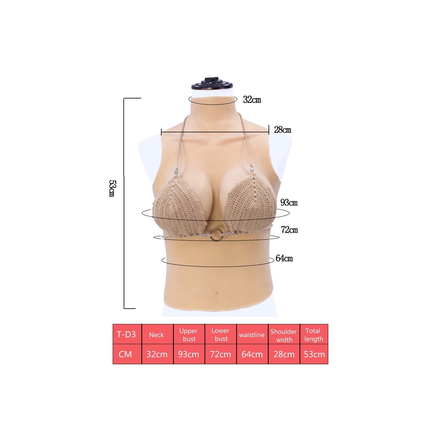 Buste long faux seins 100% silicone col haut, bonnet C-D