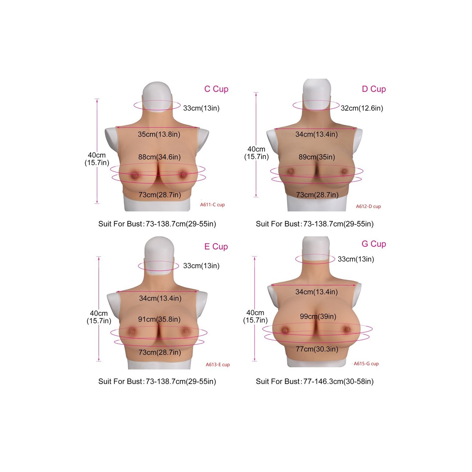 Buste faux seins réaliste, en silicone, col haut