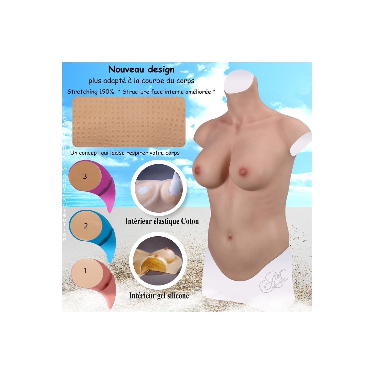 Buste long faux seins new design, col haut