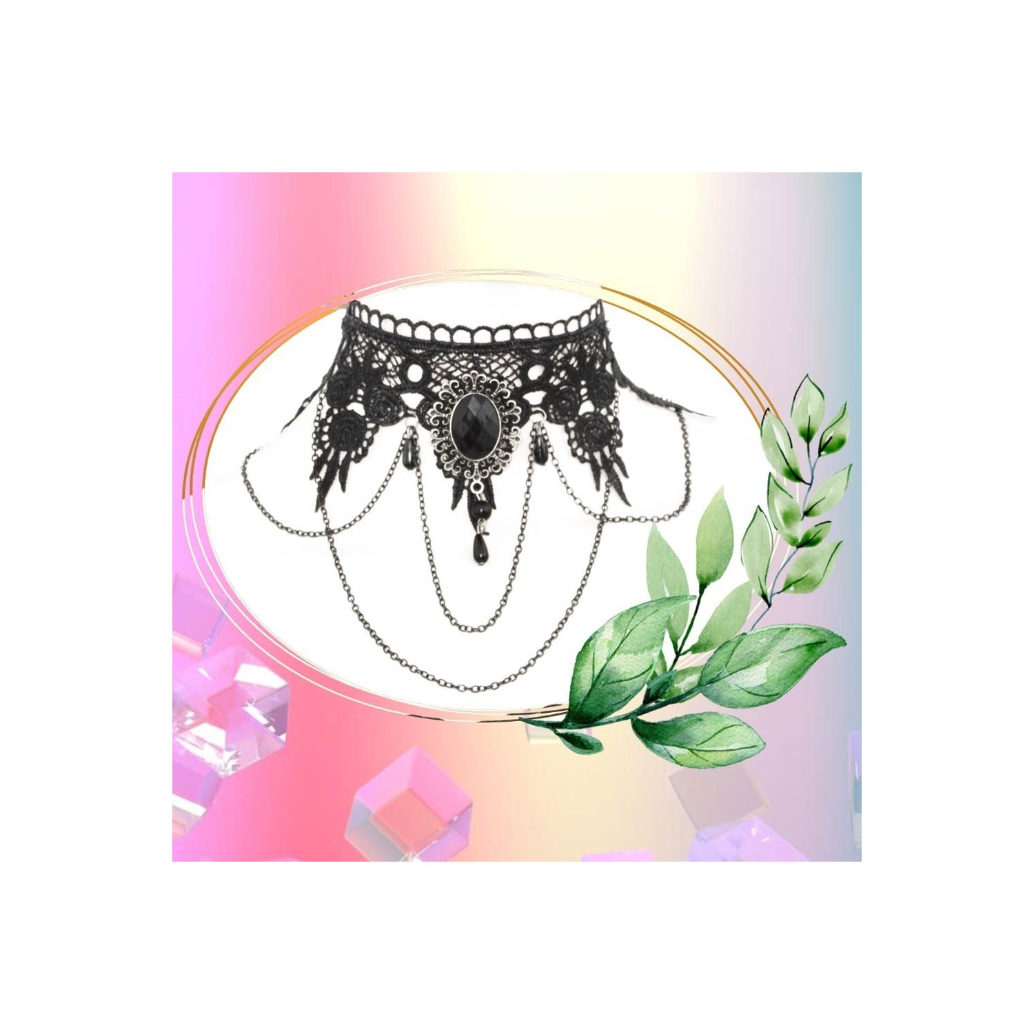 Collier gothique dentelle,  ornée de strass