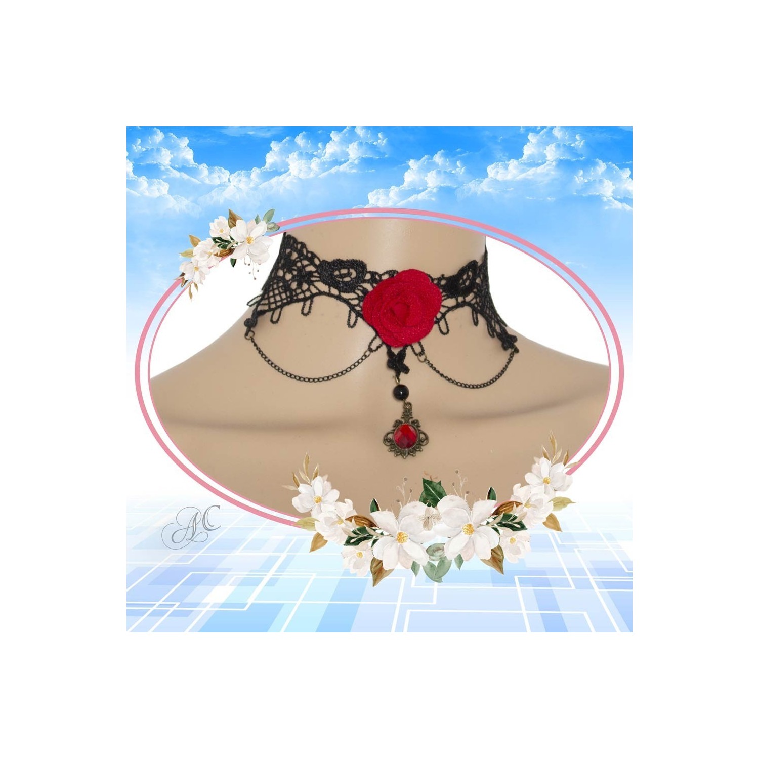 Collier ras du cou en dentelle, strass et rose rouge