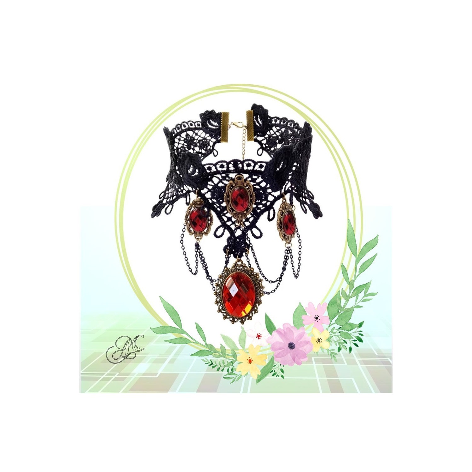 Ras de cou gothique dentelle et strass rouge