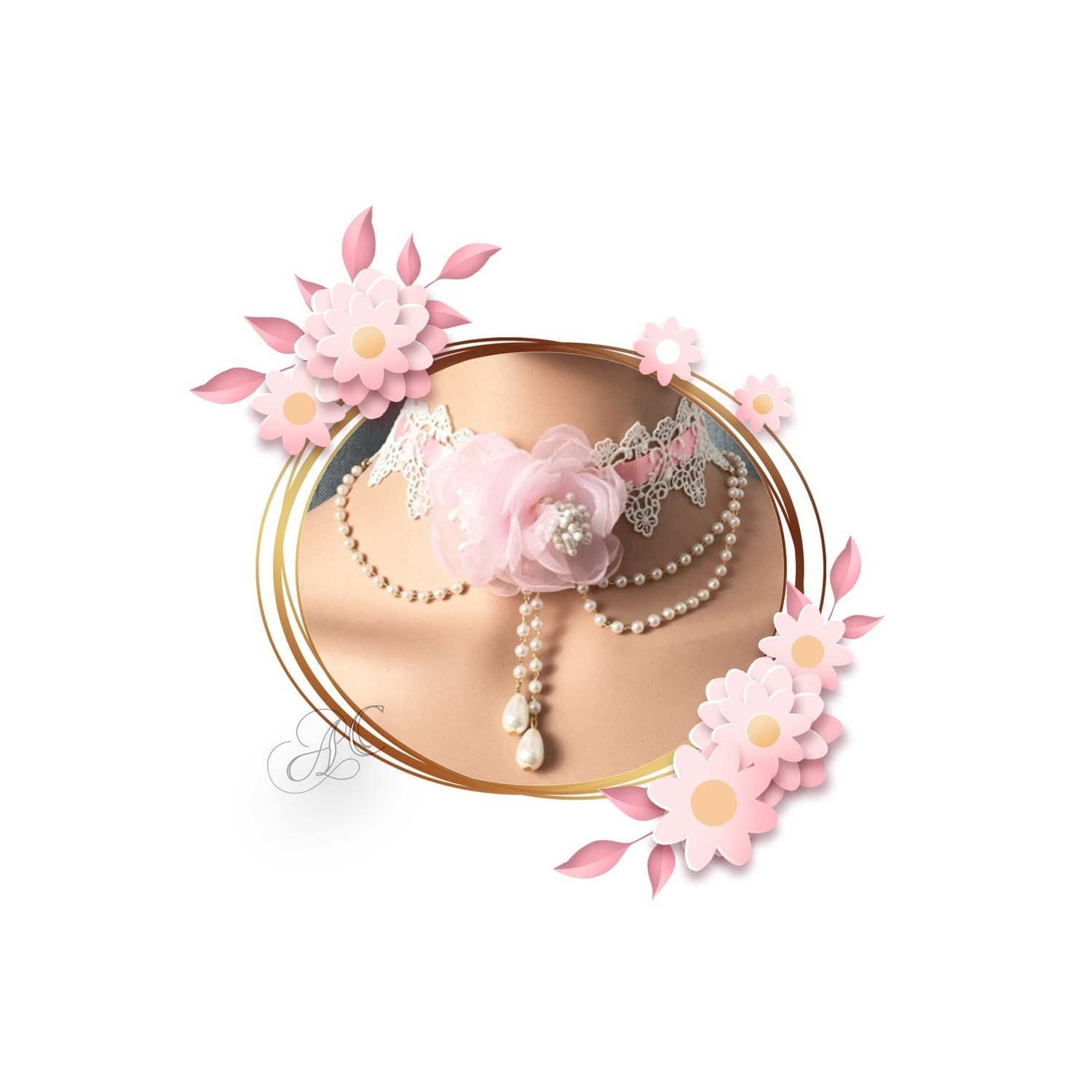 Collier ras du cou dentelle et perles, avec une rose