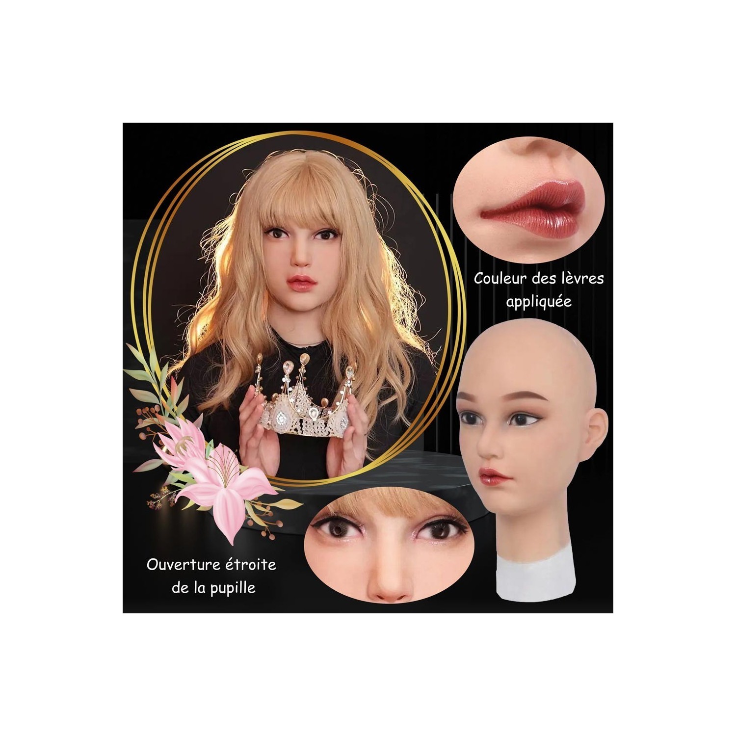 Masque féminin en silicone, tête pleine, lacets à l’arrière Masque féminin en silicone, tête pleine, lacets à l’arrière