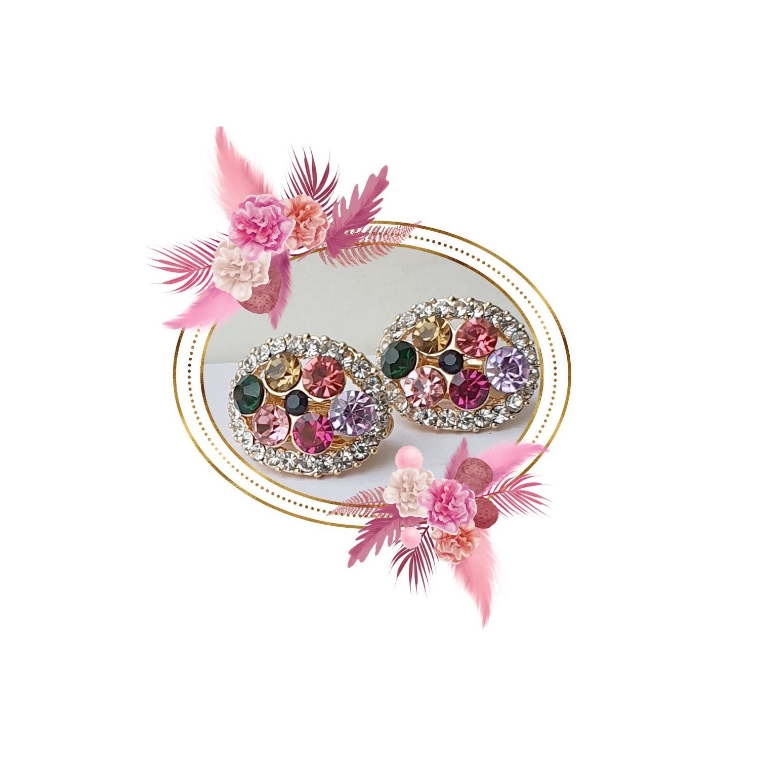 Boucles d'oreilles clips multicolore, pierres de synthèse