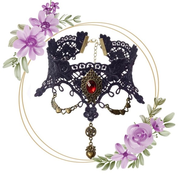 Ras de cou gothique dentelle noir et doré, médaillon strass rouge