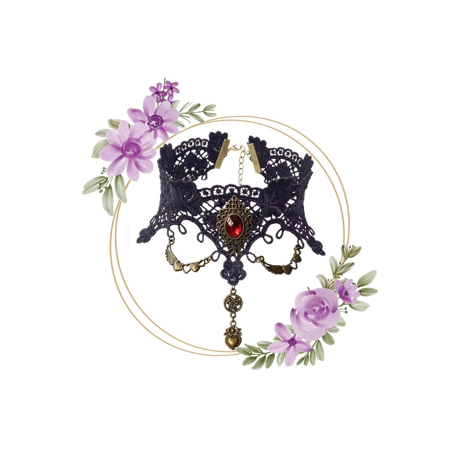 Ras de cou gothique dentelle noir et doré, médaillon strass rouge