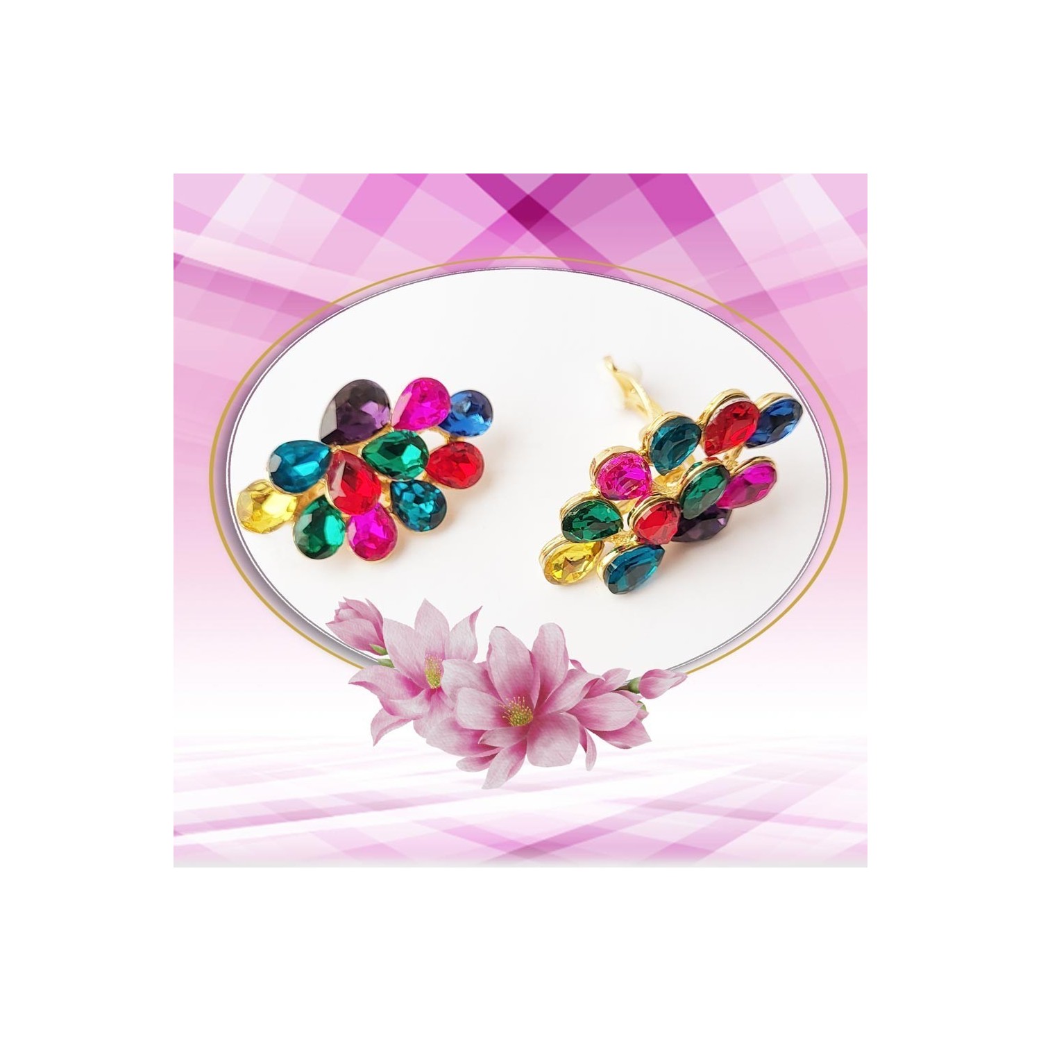 Boucles d'oreilles clips, ornée de strass multicolore