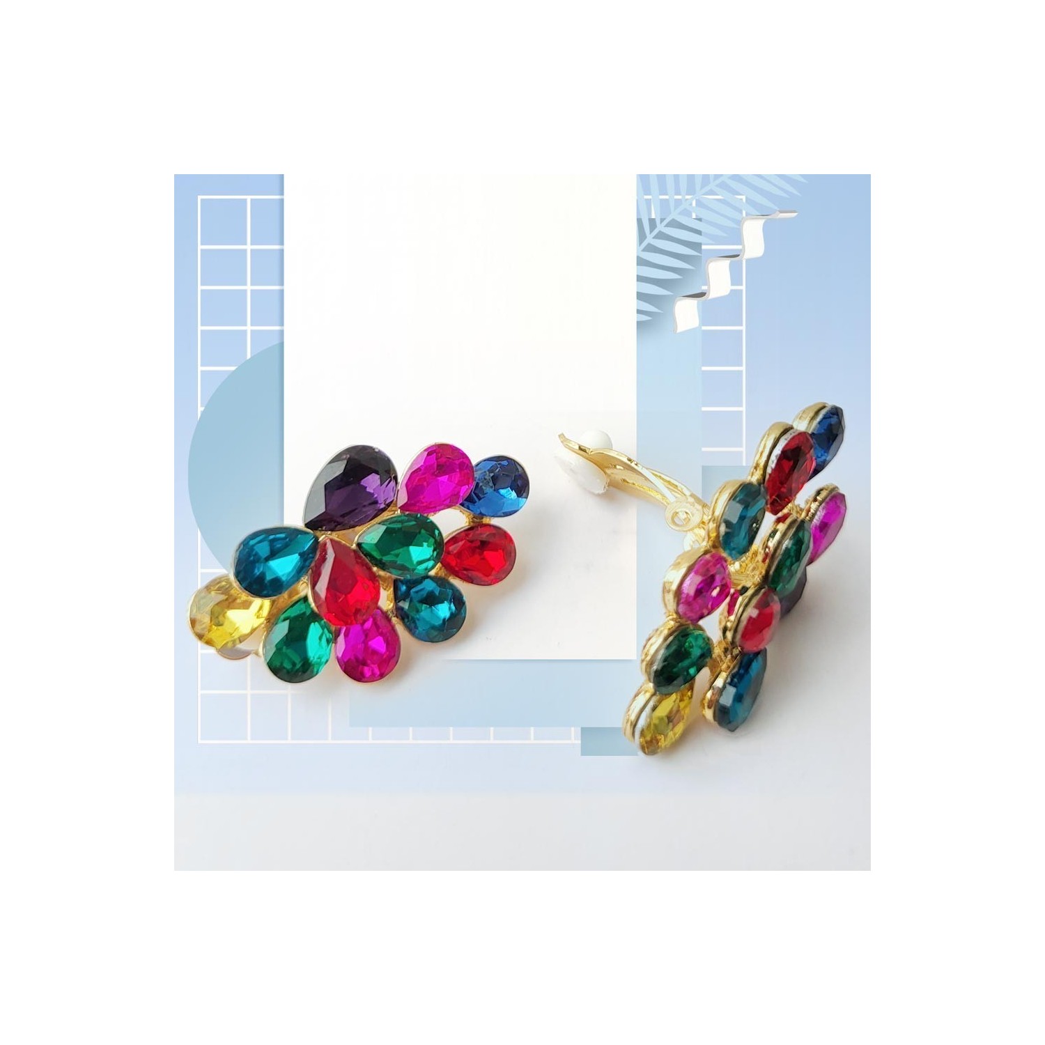 Boucles d'oreilles clips, ornée de strass multicolore