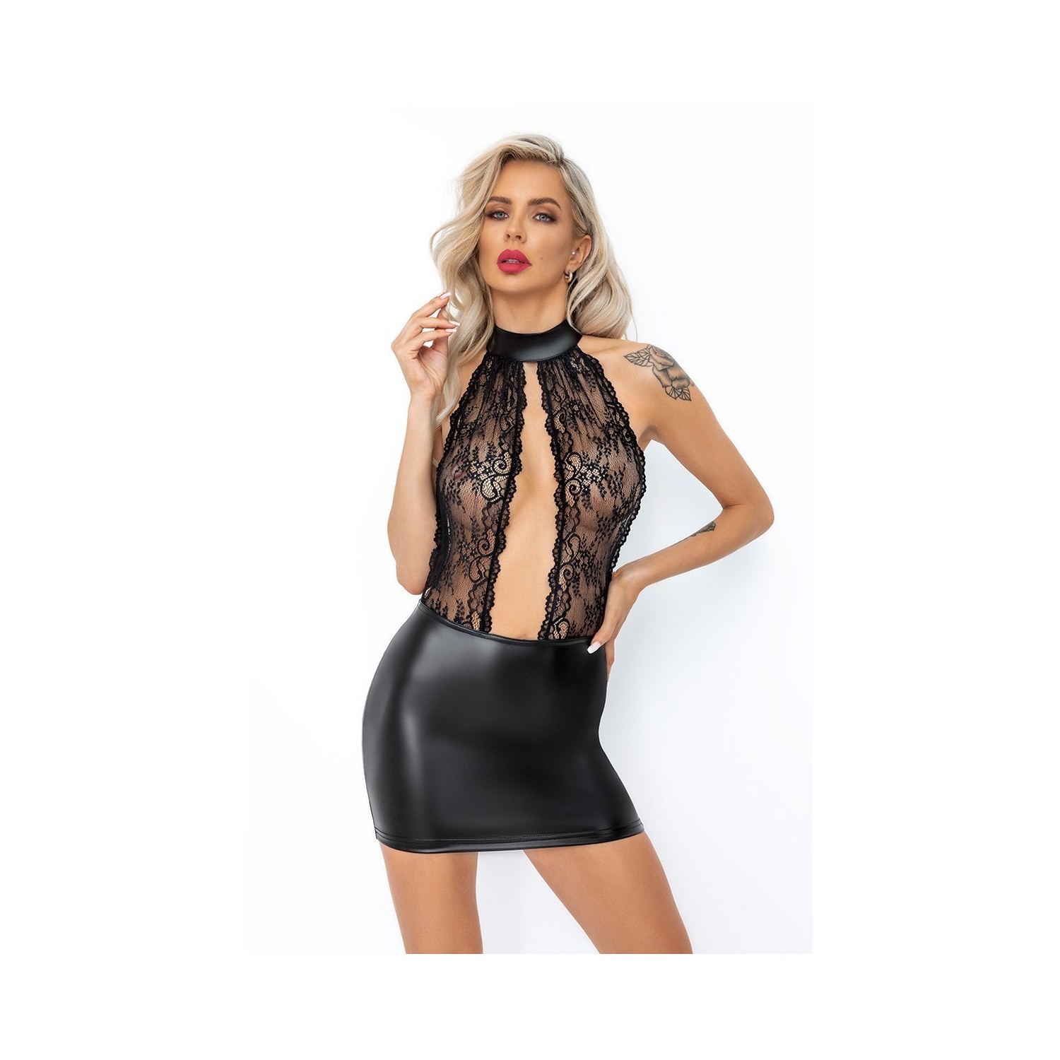 Robe courte wetlook et dentelle F279