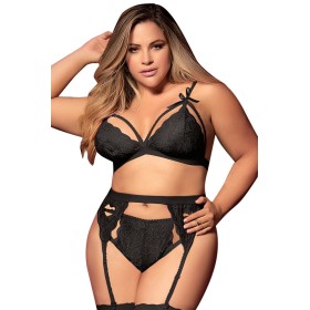 Ensemble 3 pièces noir grande taille soutien-gorge string porte-jarretelles - MAL8221XBLK