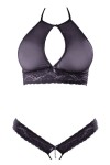 Soutien-gorge bandeau, en dentelle et résille noire et string ouvert - R2213648