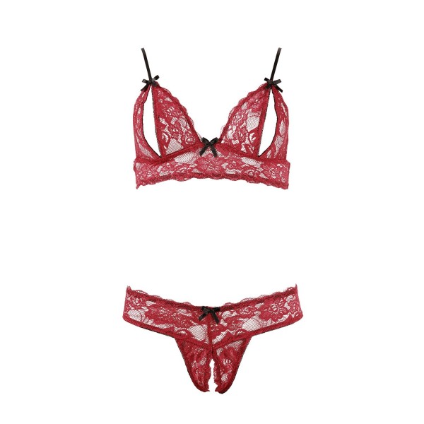 Soutien-gorge, bonnets ouverts, en dentelle rouge et string assorti - R2212447