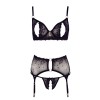 Soutien-gorge dentelle, porte-jarretelles et string ouvert noir - R2213052