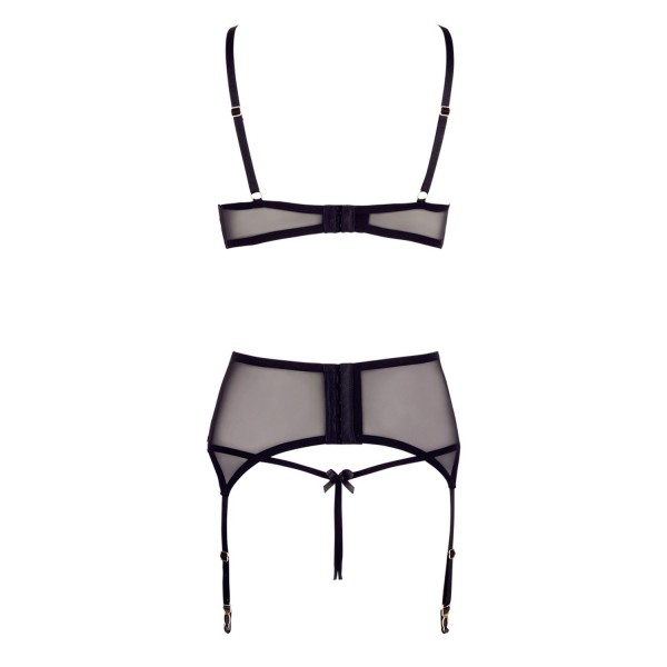 Soutien-gorge dentelle, porte-jarretelles et string ouvert noir - R2213052