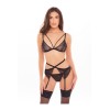 Ensemble 3 pièces, soutien-gorge, porte-jarretelles et string dentelle noire - REN53026-BLK
