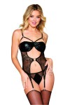 Guépière porte jarretelles échancrée noir dentelle et simili cuir avec string inclus - DG13282BLK