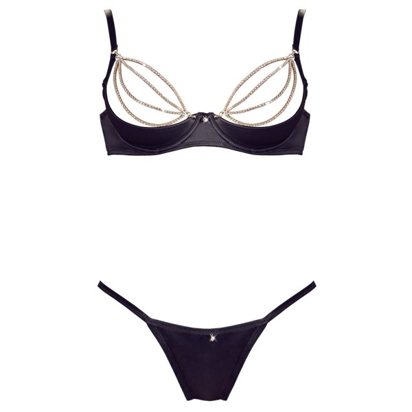 Soutien-gorge sexy demi-seins en satin avec chainette et string - OR2221179BLK