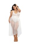Body string grande taille blanc échancré dentelle avec jupe de maille transparente amovible - DG10996XWHT