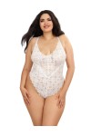 Body string grande taille blanc échancré dentelle avec jupe de maille transparente amovible - DG10996XWHT