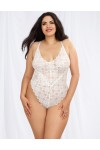 Body string grande taille blanc échancré dentelle avec jupe de maille transparente amovible - DG10996XWHT