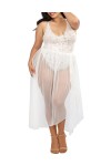 Body string grande taille blanc échancré dentelle avec jupe de maille transparente amovible - DG10996XWHT