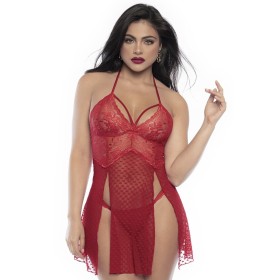 Nuisette dos nu en dentelle rouge et fine résille avec string assorti - MAL7506RED