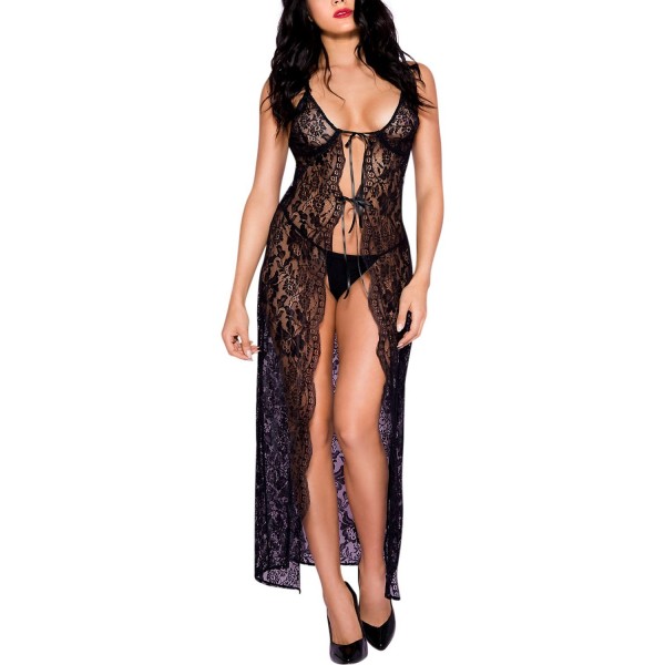 Nuisette déshabillée longue noire ouverte dentelle florale et string - ML53009BLK