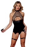 Body BDSM noir en maille avec corset / porte-jarretelles, simili cuir, intégré - DG13295BLK