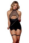 Body BDSM noir en maille avec corset / porte-jarretelles, simili cuir, intégré - DG13295BLK
