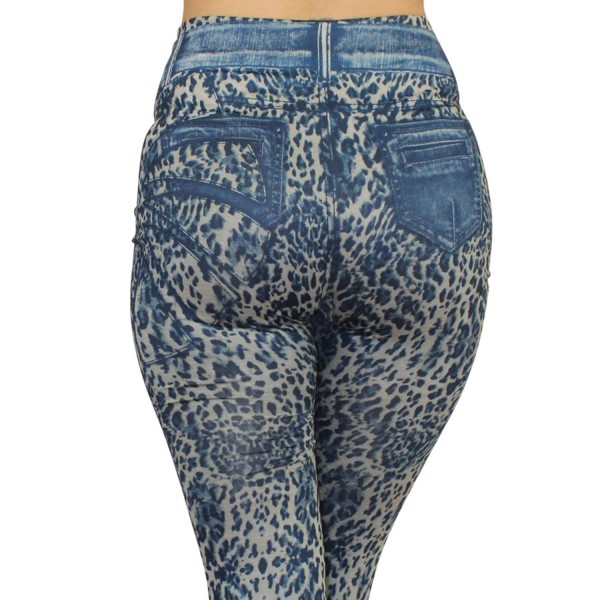 Legging bleu effet jean délavé imprimé léopard - FD1017