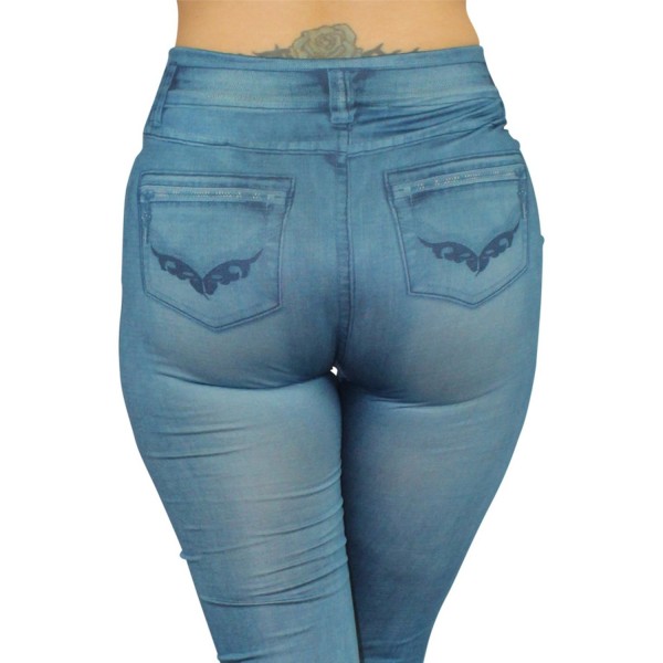 Legging bleu style jean moulant avec impressions sur poches - FD1018