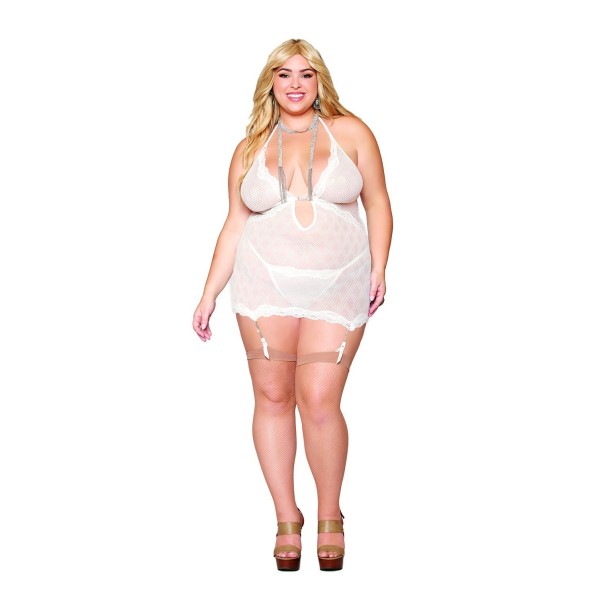 Guépière porte jarretelles blanche grande taille avec strass et string inclus - DG13313XWHT