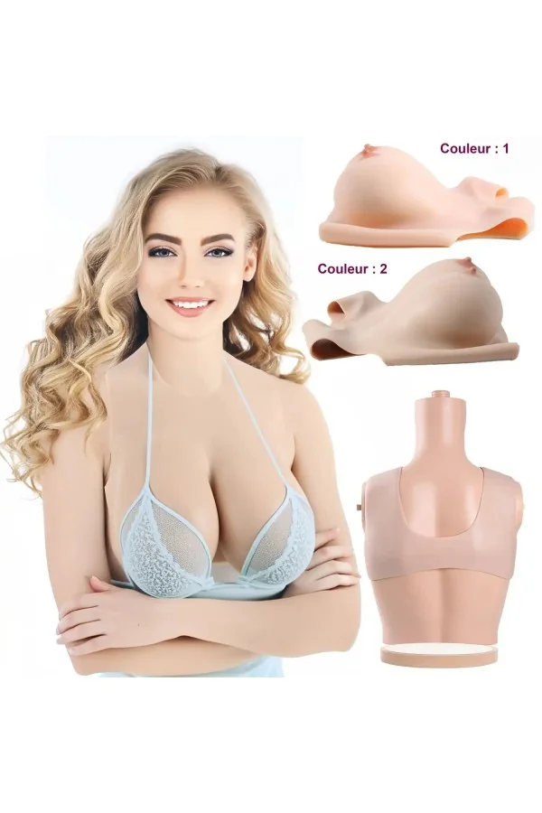Buste faux seins silicone, encolure ronde, décolleté