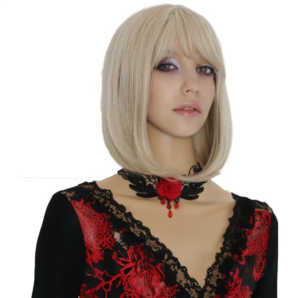 Perruque courte et séduisante avec coupe carré et frange lissée