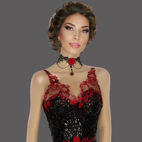 Collier ras du cou en dentelle, strass et rose rouge