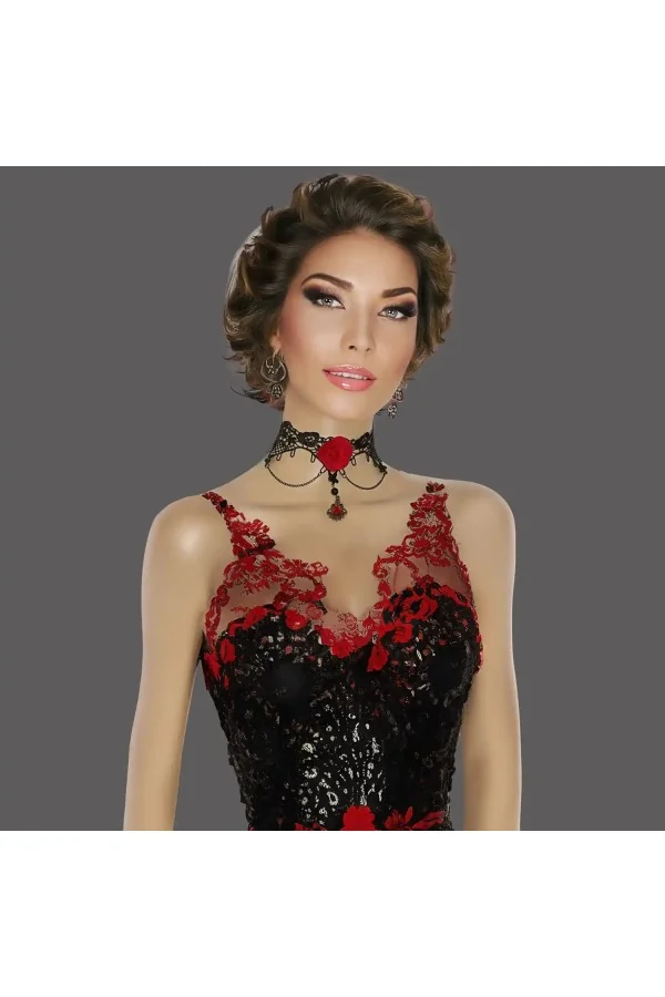 Collier ras du cou en dentelle, strass et rose rouge