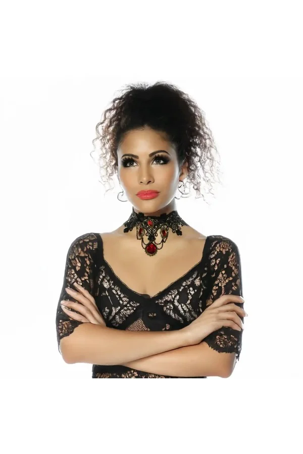 Ras de cou gothique dentelle et strass rouge