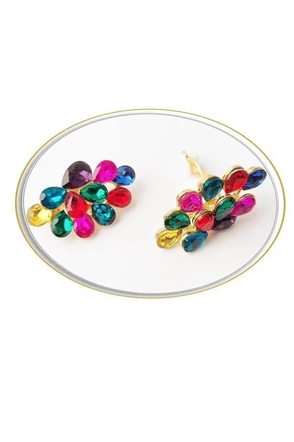 Boucles d'oreilles clips, ornée de strass multicolore