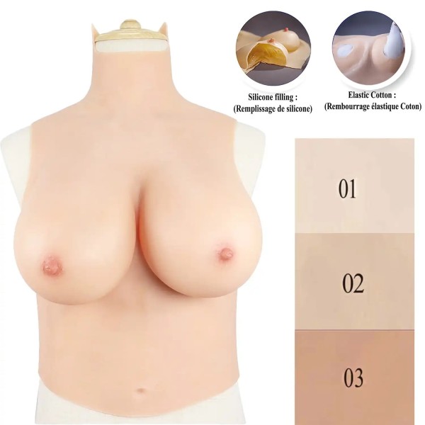 Buste long gros seins en silicone, col haut