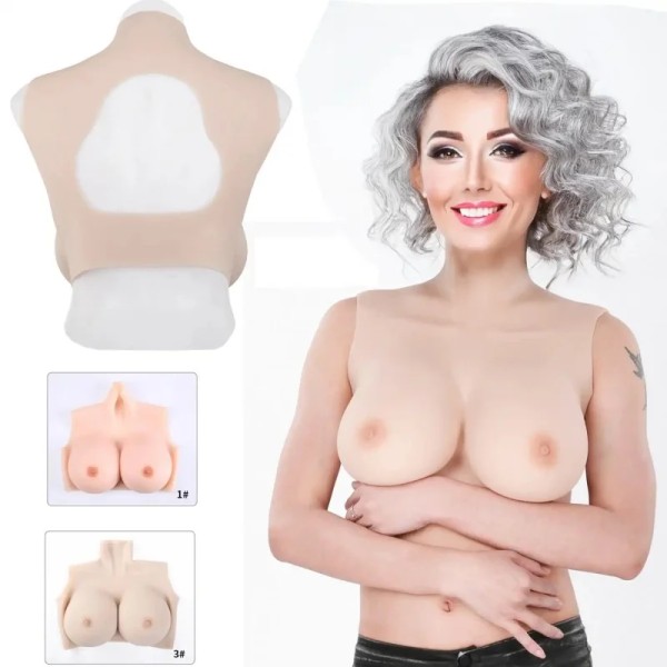 Buste faux seins en silicone, col haut et dos ouvert