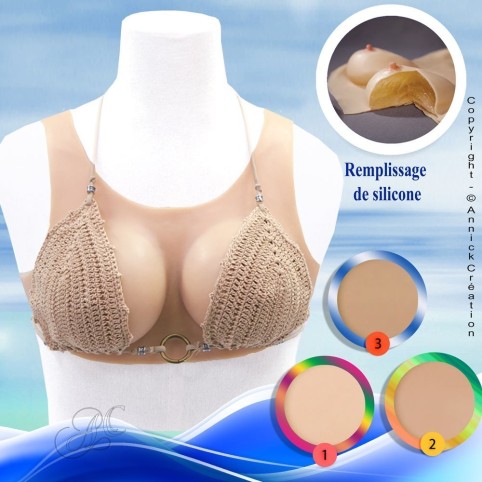 Buste faux seins, 100% silicone encolure ronde, Bonnet C