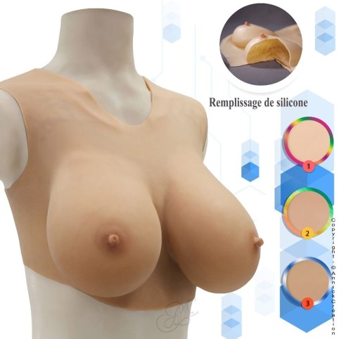 Buste faux seins 100% silicone encolure ronde, bonnet C-D-G