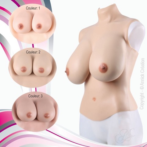 Buste long faux seins silicone, avec col haut