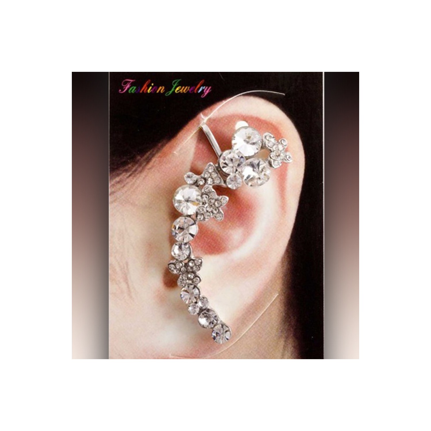 Boucle tour d'oreille papillons et fleurs, ornée de strass
