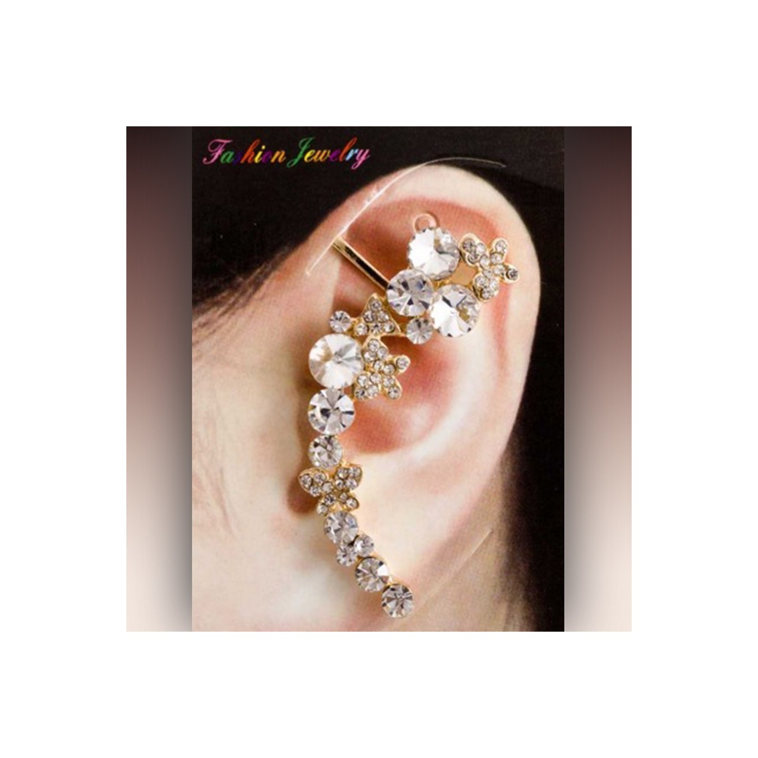 Boucle tour d'oreille papillons et fleurs, ornée de strass